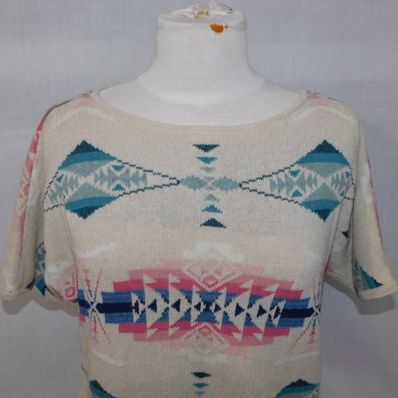 Chaps Womens L Southwestern Aztec Tribal Knit Short Sleeve Sweater Linen Blend - Picture 4 of 11